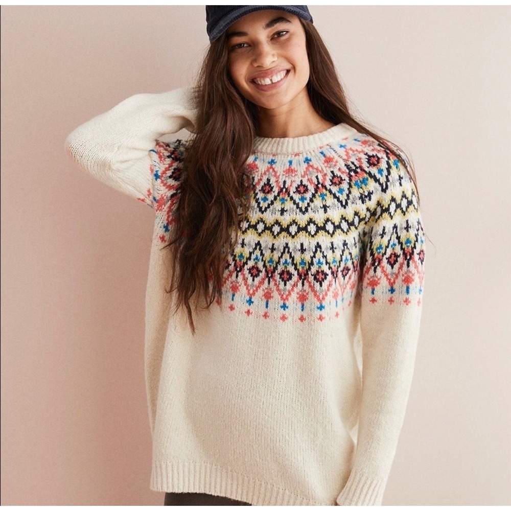 Scandi Aerie Oversized Fair Isle Tunic Sweater Womens XS Cream Nordic‎ Knit